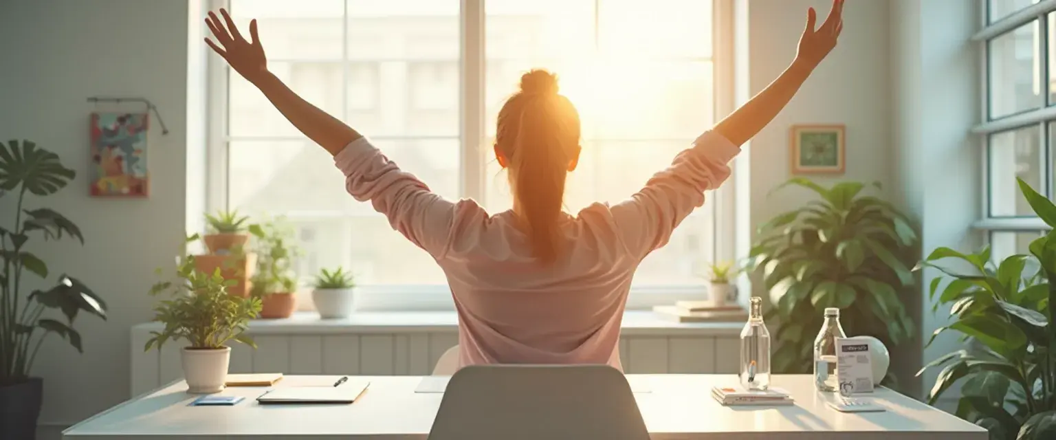 Professional performing microbreak stretches at workstation